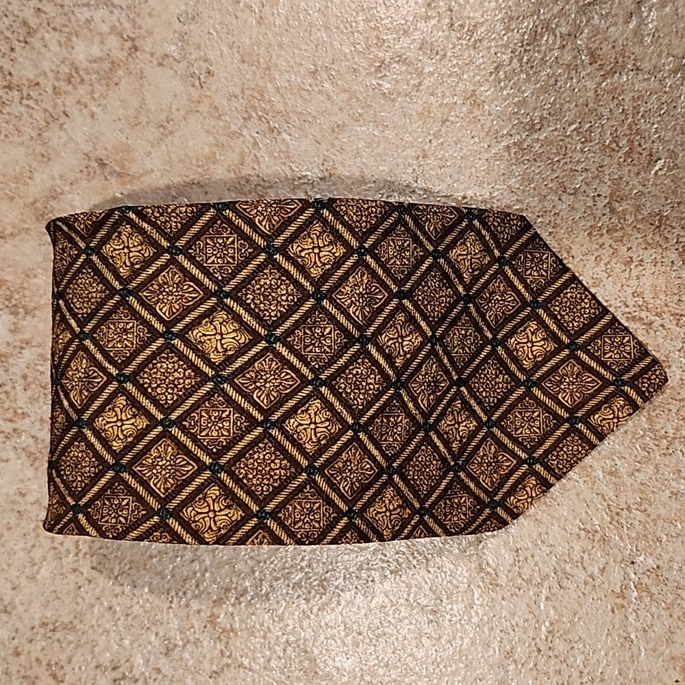 Valentino Silk Hand Made In Italy Geometric Brown and Gold Tie